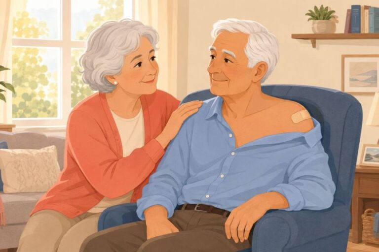 Ferita che non guarisce: il caso del signor P.C. Illustrazione: uomo anziano con medicazione sulla spalla sinistra, accompagnato dalla moglie