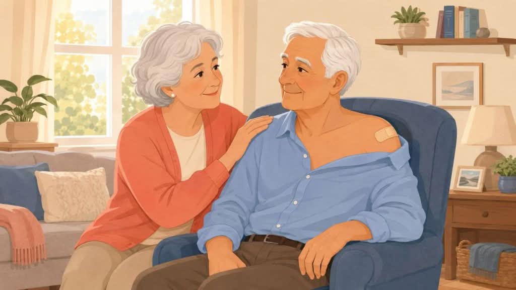 Ferita che non guarisce: il caso del signor P.C. Illustrazione: uomo anziano con medicazione sulla spalla sinistra, accompagnato dalla moglie