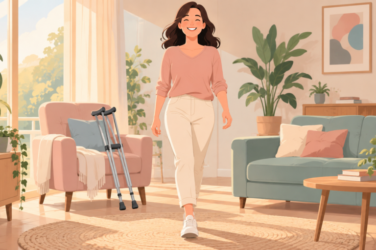 Sutura ritenuta sull arco plantare – illustrazione Illustrazione: donna che torna a camminare libera, lasciando le stampelle a lato