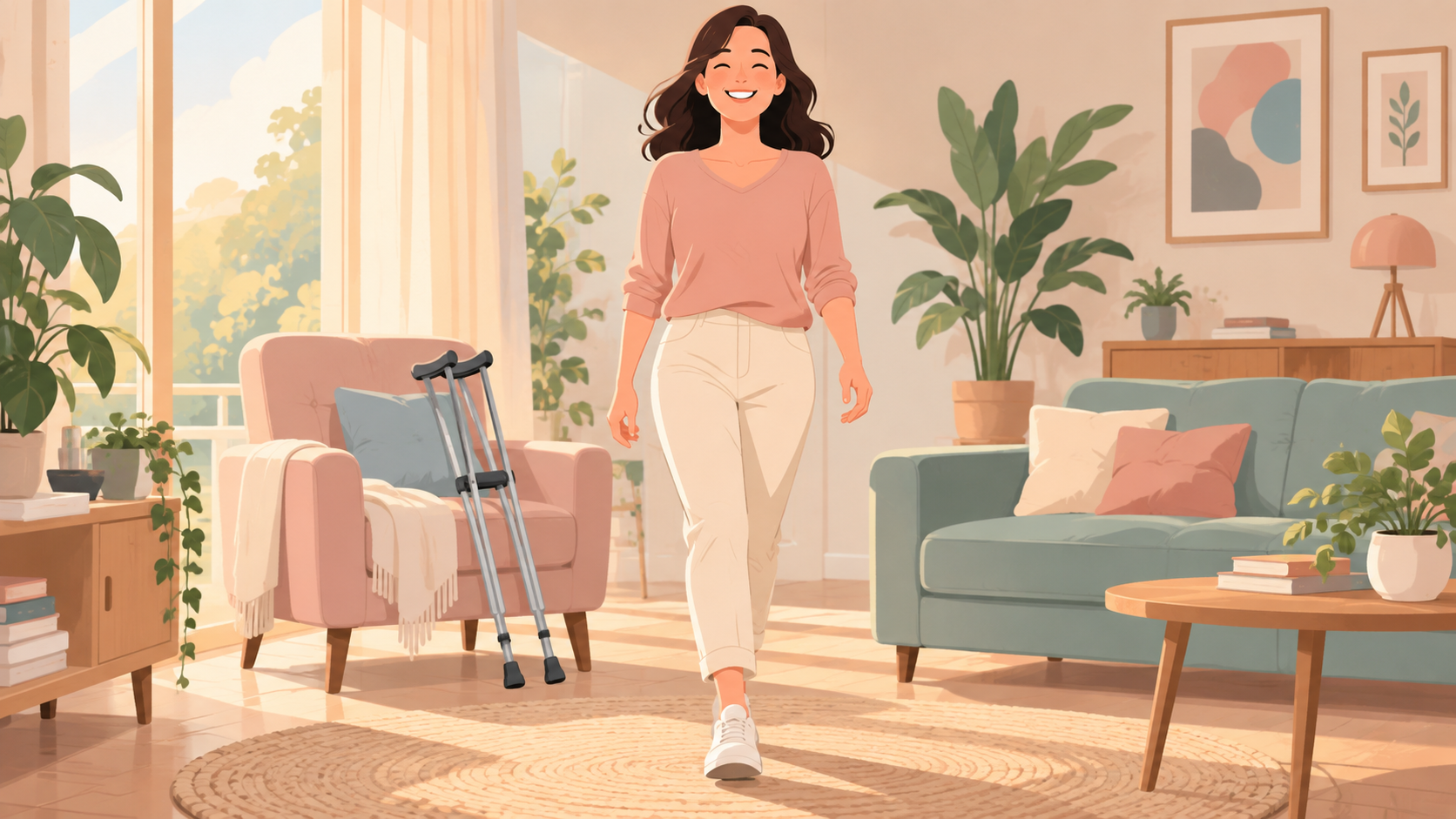 Sutura ritenuta sull arco plantare – illustrazione Illustrazione: donna che torna a camminare libera, lasciando le stampelle a lato